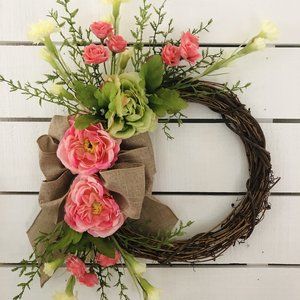 *SOLD* Cabbage Rose spring wreath. Grapevine heart